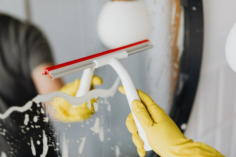 who-we-are A person wearing rubber gloves cleaning a dirty gas stove with a cloth and spray bottle.